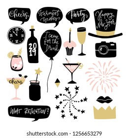 Set Of Hand Drawn New Year Or Birthday Graphic Elements. Speech Bubles, Balloons, Fireworks, Cocktail Drinks And Decorations. Photo Booth Props. Isolated Vector Objects.