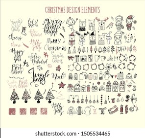 Set of hand drawn New Year and Christmas design doodle  elements. Ideal template for design of greeting cards, invitations, posters, t-shirt prints, home decor and other.