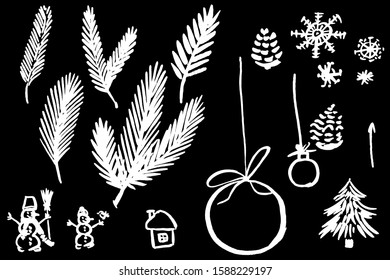 Set of hand drawn new year decoration new year decorations and snowman. Vector illustration on the black background. 