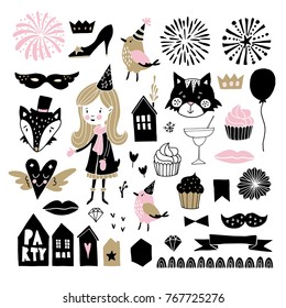 Set of hand drawn New Year or birthday party graphic elements. Girl with hat, cute birds, fireworks, drinks, cupcakes and decorations. Scandinavian kids design. Isolated vectors. Photo booth props.