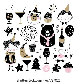 Set of hand drawn New Year or birthday graphic elements. Childrens with party hats, cute bears, pig fireworks, drinks, and decorations. Scandinavian kids design. Photo booth props. Isolated vectors.