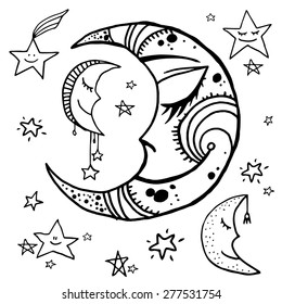 Set of hand drawn night sky elements - moon and stars. Tribal illustration.