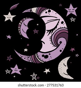 Set of hand drawn night sky elements - moon and stars. Tribal illustration.