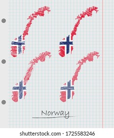 Set of hand drawn Norway map with the flag.