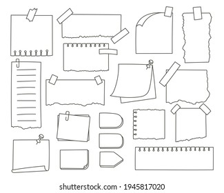 Set of hand drawn note paper with stickers and pins. Vector illustration.