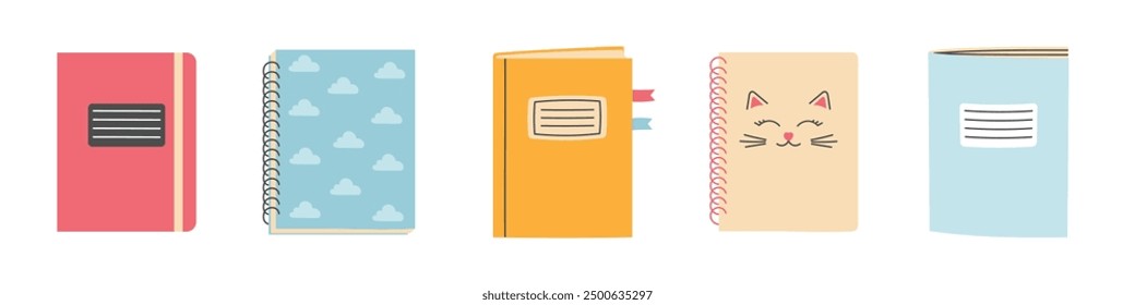 Set of hand drawn notebooks. Back to school, college, education concept. Isolated vector illustration