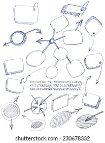 Set of hand drawn notes and alphabet.