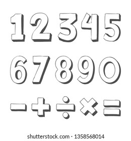 Set of hand drawn numbers. Funny doodle three-dimensional contour math signs. Number doodles - Vector