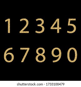 Set of hand drawn numbers with golden glitter effect, figures isolated on black background. Vector illustration.