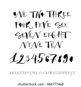 Set of hand drawn numbers and letters. Vector numbers and alphabet. Ink illustration. Modern brush calligraphy. Isolated on white background. Uppercase figures.