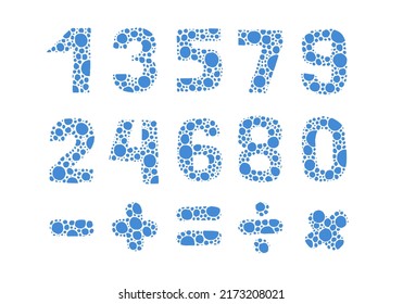 Set of hand drawn numbers and math signs. Blue bubbles.