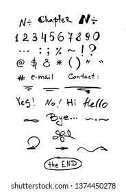 Set of hand drawn numbers, orthographic symbols,words "Hello","Hi","Yes!","No!","Chapter","The end" and text dividers.Useful for web design, digital personal journal etc. Isolated on white background.
