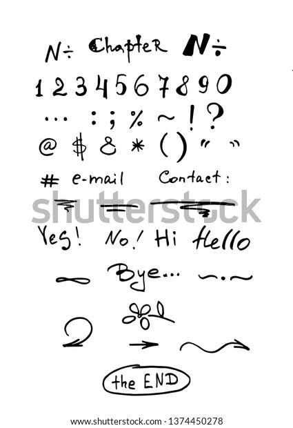 Set of hand drawn numbers,
orthographic symbols,words
