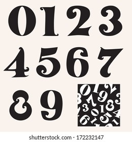 set of hand drawn numbers and seamless pattern, design elements