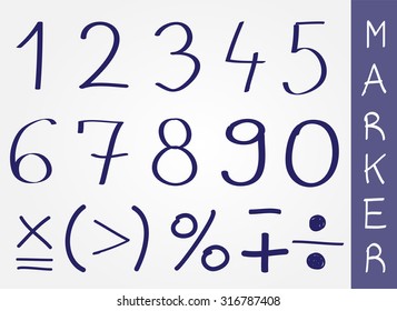 Set of hand drawn numbers and signs.Vector illustration.