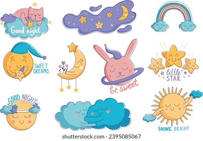 Set of Hand drawn nursery illustrations. Cute prints with moon, rainbow, sun and fluffy kitten. Design elements for decorating baby room. Cartoon flat vector collection isolated on white background