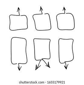 Set of hand drawn object for design use. Black doodle rectangle frame and arrows on white background. Abstract pen drawing. Vector art illustration
