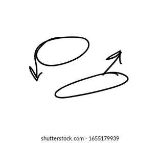 Set of hand drawn object for design use. Black doodle circle frame with arrows on white background. Abstract pen drawing. Vector art illustration