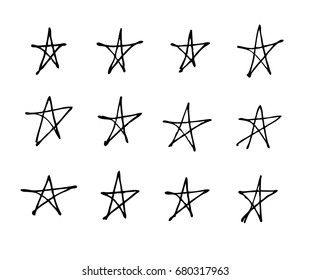 Set of hand drawn object for design use. Black on white background. Abstract  doodle drawing. Vector art illustration grunge stars