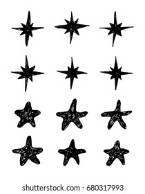 Set of hand drawn object for design use. Black on white background. Abstract  doodle drawing. Vector art illustration grunge stars