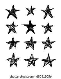 Set of hand drawn object for design use. Black on white background. Abstract  doodle drawing. Vector art illustration grunge stars