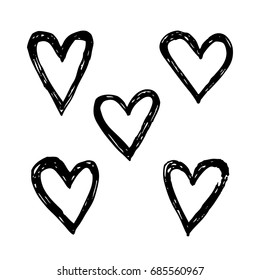 Set of hand drawn object for design use. Black on white abstract  doodle drawing. Vector art illustration grunge hearts
