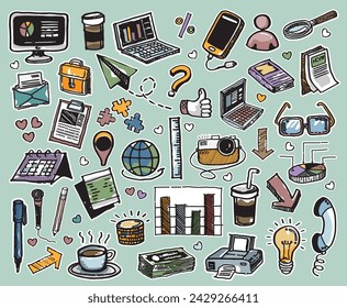 Set of hand drawn object doodle with labtop, bottle, food, coffee, camera and lifestyle elements. Cartoon sketch style. Vector illustration for activity life design concept.