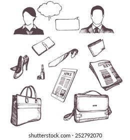 Set of hand drawn objects for business people. Vectorial isolated elements.