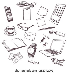 Set Of Hand Drawn Objects For Business People. Vectorial Isolated Elements.