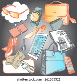 Set of hand drawn objects for business people. Vector isolated elements.
