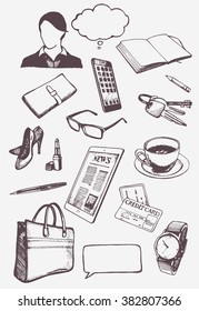 Set of hand drawn objects for business woman. Vector isolated elements.