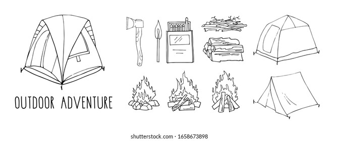 Set of hand drawn objects isolated on white. Backpacking. Hiking and camping tourist tent, campfire, brushwood, firewood, axe, matches vector illustration. Lettering. Outdoor adventure