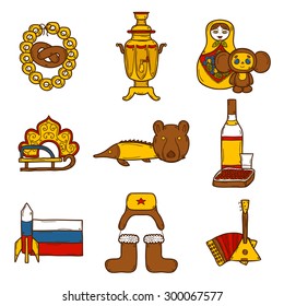 Set of hand drawn objects on Russia theme: balalaika, vodka, bear, ushanka, matrioshka, rocket. Travel concept for your design