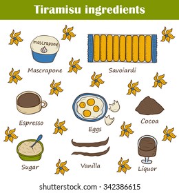 Set of hand drawn objects on tiramisu ingredients theme. Italian ciusine concept