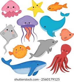 Set of hand drawn ocean animals