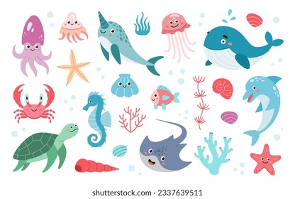 Set of hand drawn ocean creatures. Cartoon Sea animals. Vector doodle style set of sea life objects for design. Vector illustration isolated on white background