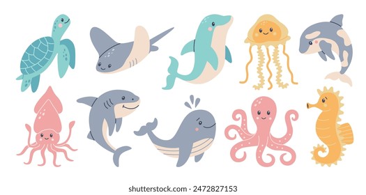 Set of hand drawn ocean creatures. Cartoon Sea animals. Vector doodle style set of sea life objects for design. Vector illustration isolated on white background