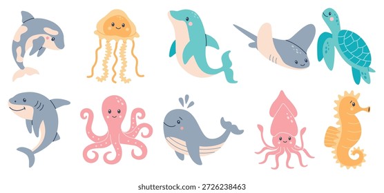 set of hand drawn ocean creatures cartoon sea animals 