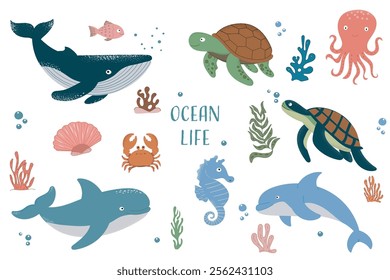 Set of hand drawn ocean life. Wild sea animals. shell, whale, dolphin, seaweed and coral. cute octopus, crab, seahorse, turtle, cachalot. Vector illustration