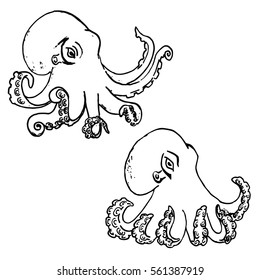 Set of hand drawn octopus isolated on white background. Vector illustration.