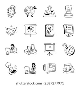 Set of Hand Drawn Office Supplies Icons 
