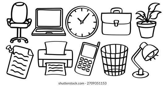 Conjunto de tema de espaço de trabalho do Office desenhado à mão Vetor isolado