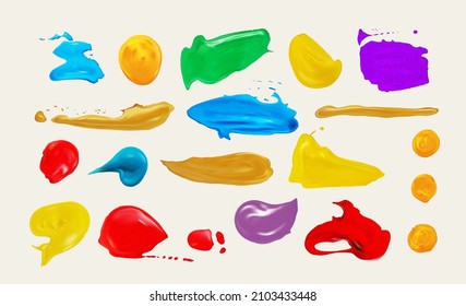 Un conjunto de trazos de pintura de aceite dibujados a mano. Pintura coloreada, pinceladas con pincel de tinta, pinceles, líneas, gruñido. Manchas de fondo de vectores. Aislado sobre fondo blanco. Elementos de diseño artístico sucio, cajas, marcos.