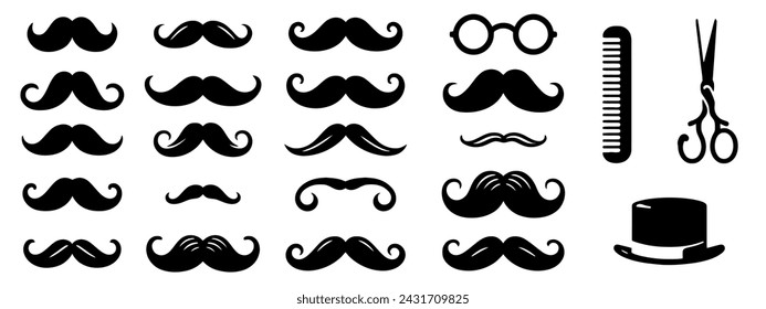  Set of hand drawn old fashion mustaches. Black contour artistic drawing. Actual hipster vector. Male barber shop illustration