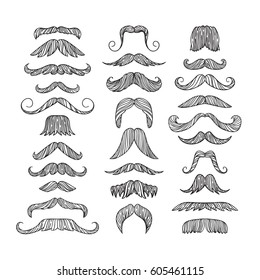 Set of hand drawn old fashion mustaches. Black contour artistic drawing. Actual hipster vector. Male barber shop illustration