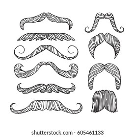 Set of hand drawn old fashion mustaches. Black contour artistic drawing. Actual hipster vector. Male barber shop illustration