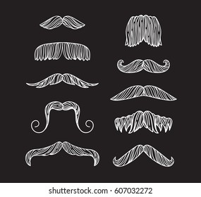 Set of hand drawn old fashion mustaches. Black contour artistic drawing. Actual hipster vector. Male barber shop illustration