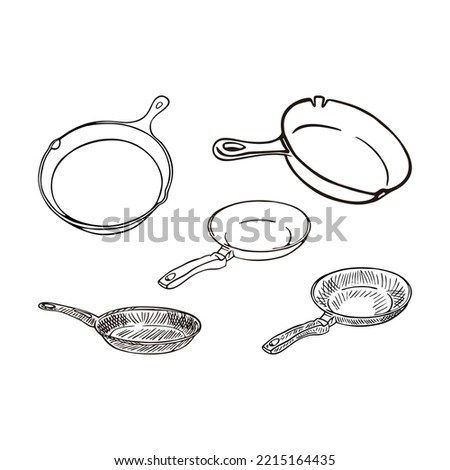 Set of Hand Drawn Old Skillet Frying Pan