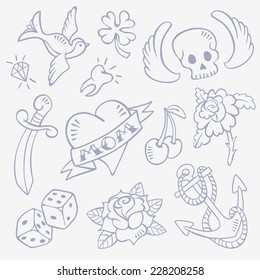 Set of Hand Drawn Old-School Style Retro Tattoo Sketches - Swallow, Diamond, Skull with Wings, Lucky Clover, Heart, Dagger, Tooth, Rose Flower, Dice, Cherry, Anchor.  Isolated on background