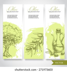 Set of hand drawn olive banners. Olives, olive tree and olive branch on watercolor splash background. Organic food illustration.